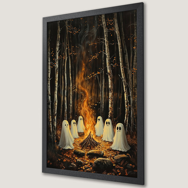 Framed Poster featuring ghosts around a campfire in a dark forest. Whimsical art style with a warm, autumnal color palette. Perfect Halloween decor!