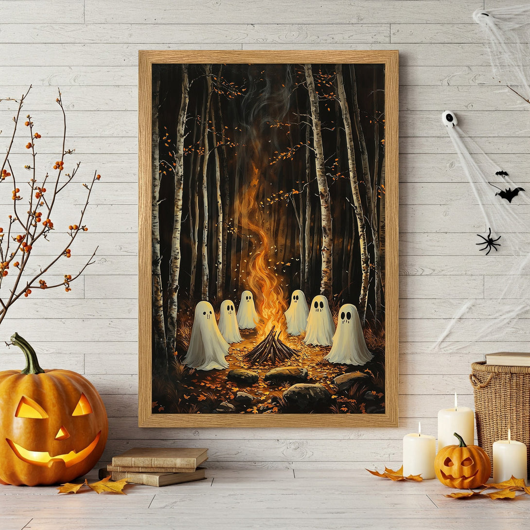 Framed Poster: Spooky Halloween scene with ghosts around a campfire in a dark forest, warm orange & black color palette. Perfect fall decor!