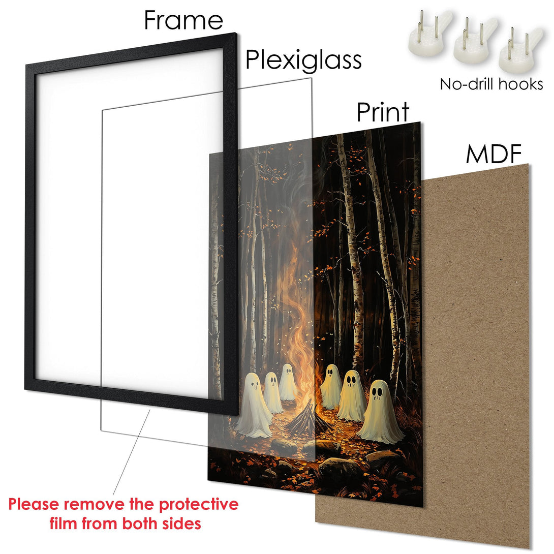 Framed Poster featuring ghosts around a campfire in a dark forest. Warm color palette with a spooky, whimsical style. Perfect Halloween decor!