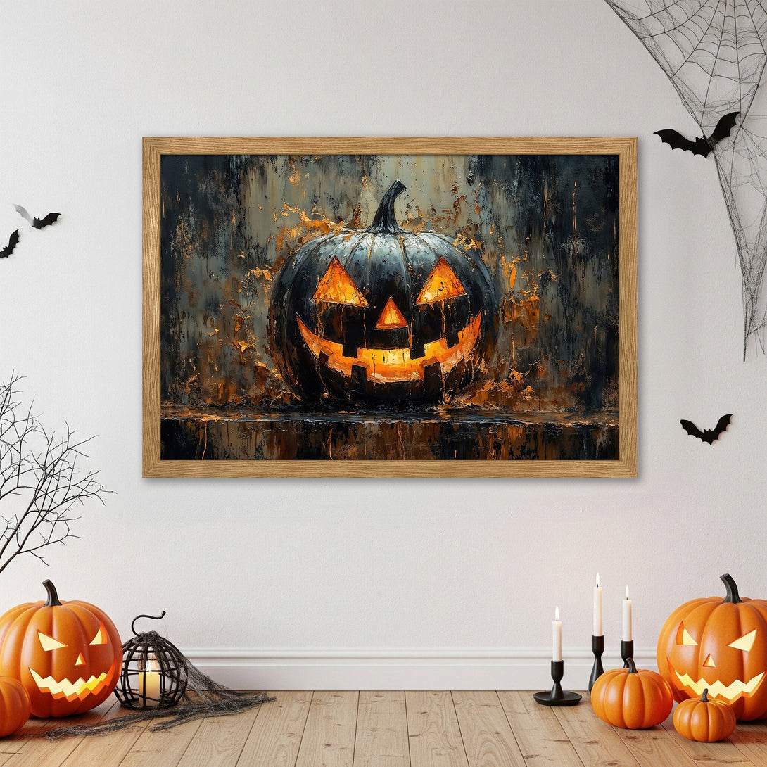 Framed Poster featuring a spooky Jack-o'-lantern in a dark, textured style with orange and black tones, perfect for Halloween decor.