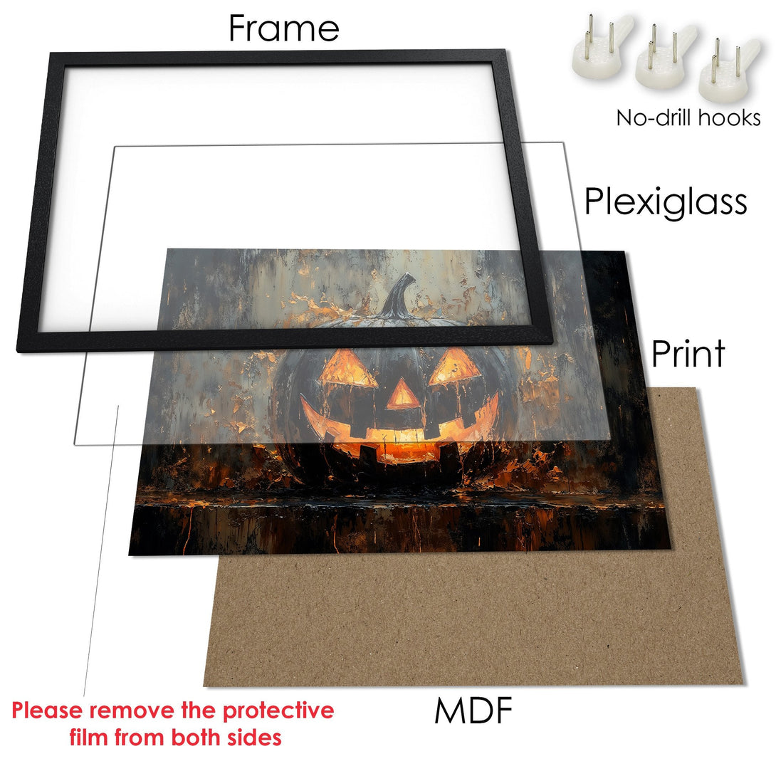 Framed Poster featuring a spooky Halloween pumpkin. Dark, textured art with warm orange and cool gray tones. Perfect for seasonal decor.