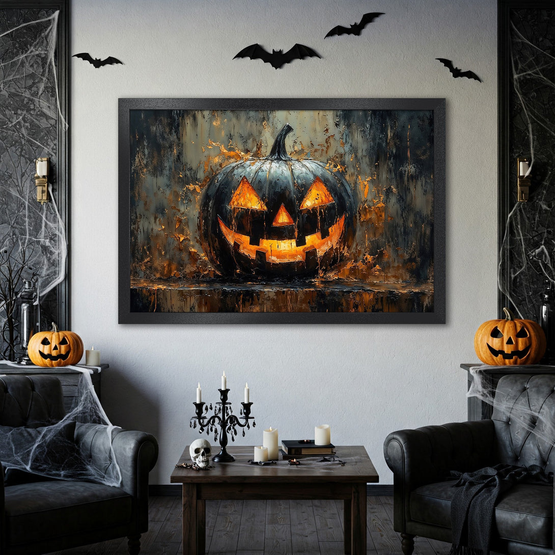 Framed Poster featuring an artistic Halloween pumpkin. Dark, moody style with a black and orange color palette. Perfect spooky decor!