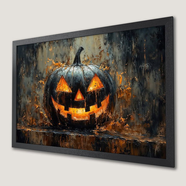 Framed Poster featuring a spooky Halloween jack-o'-lantern in a dark, textured style with a warm orange and black color palette.