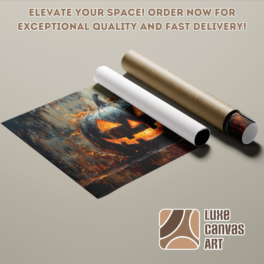 Poster Roll of a spooky Halloween pumpkin art print, featuring a dark, orange, and gray color palette.