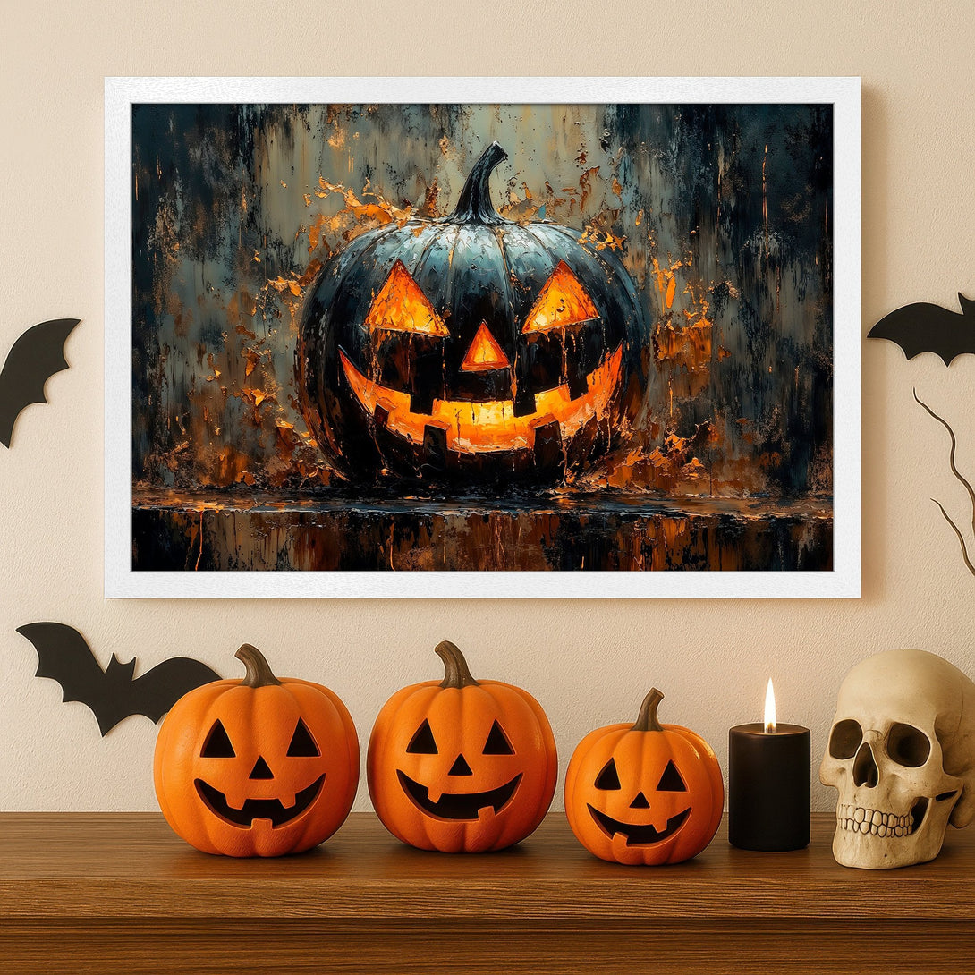 Framed Poster: Spooky Halloween pumpkin art in dark teal and orange tones. Add a touch of fright to your home!