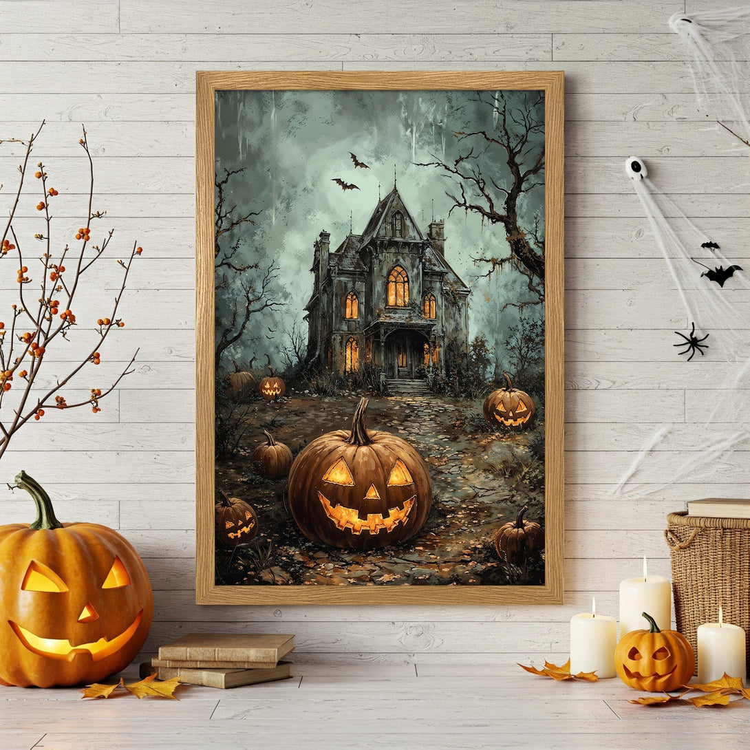 Framed Poster featuring a spooky haunted house scene with jack-o'-lanterns, in a vintage style with a muted color palette, perfect for Halloween decor.