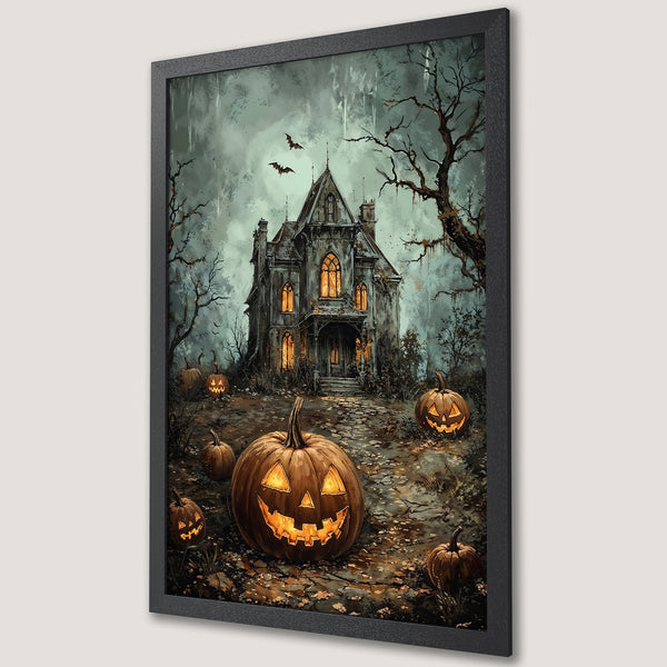 Framed Poster featuring a spooky haunted house scene with jack-o'-lanterns. Dark, atmospheric style with a muted green and orange color palette. Perfect Halloween decor!