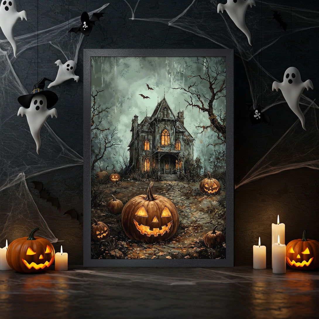 Framed Poster featuring a spooky haunted house scene with pumpkins, bats, and ghosts. Dark, eerie color palette perfect for Halloween decor.