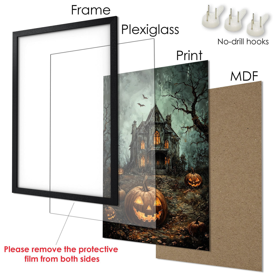 Framed Poster of a spooky Halloween haunted house scene. Dark, moody art with a green and orange color palette. Perfect Halloween decor!