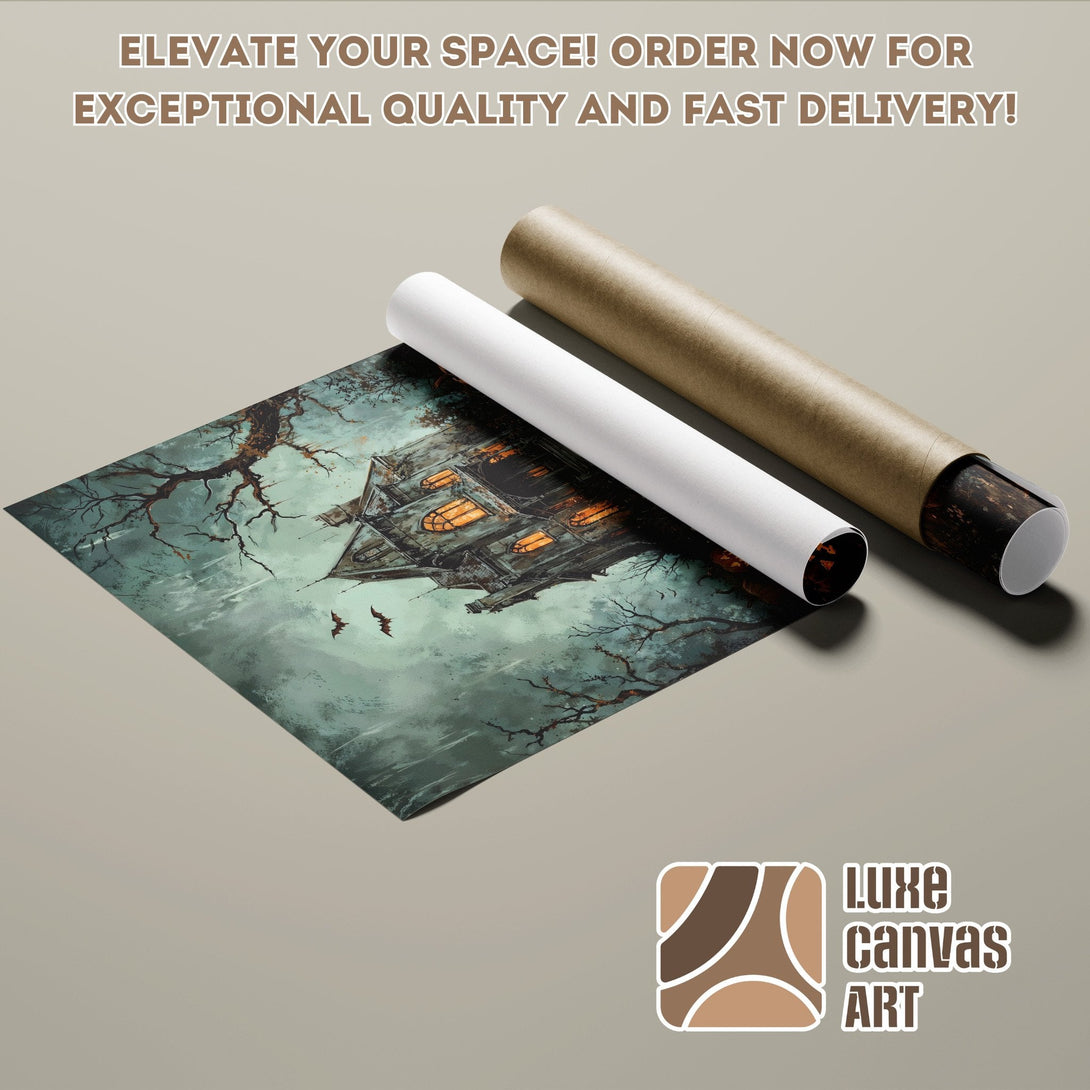 Haunted house poster roll art, teal & orange color palette. Elevate your space with this unique Poster!