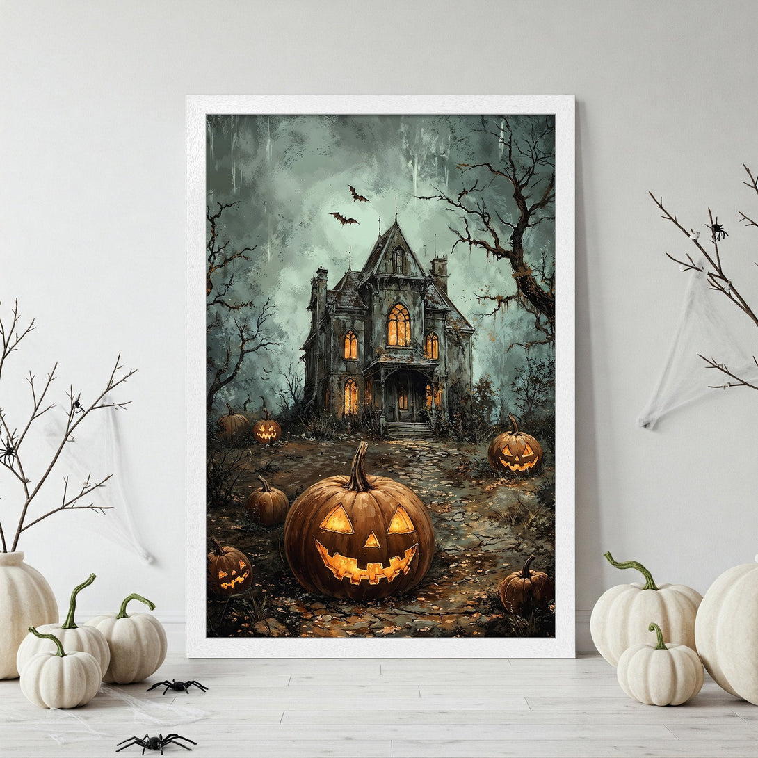 Framed Poster featuring a spooky Halloween haunted house scene, with pumpkins and a dark, moody color palette. Perfect for seasonal decor!