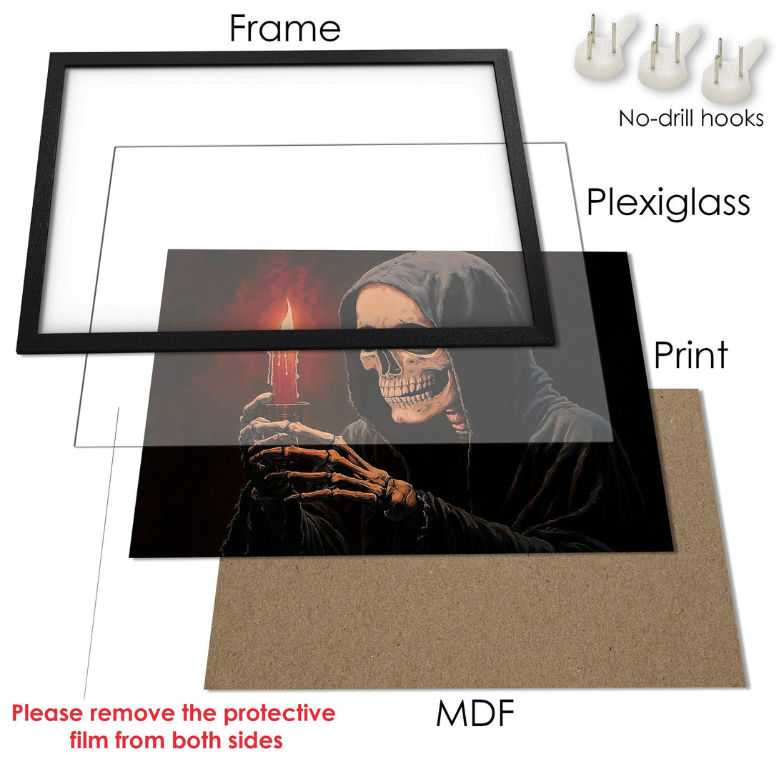 Framed Poster featuring a skeletal figure with a candle, dark art style, rich red and black color palette. Perfect for Halloween!
