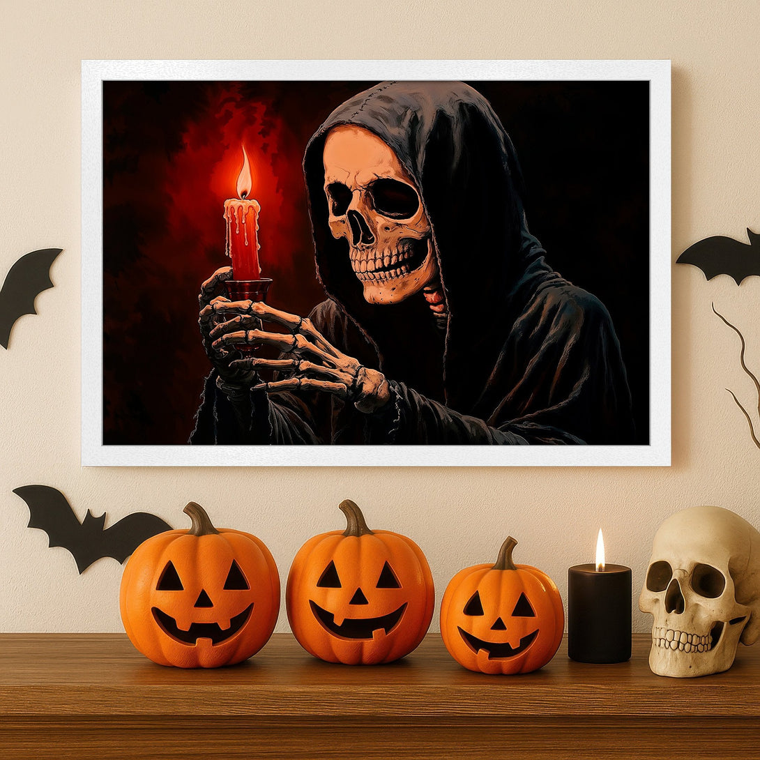 Framed Poster: Grim Reaper holding candle. Dark, spooky art with red & black color palette. Perfect Halloween decor!
