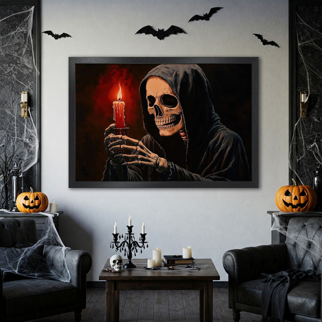 Framed Poster of a spooky skull holding a candle. Gothic style, dark red and black color palette. Perfect Halloween decor.