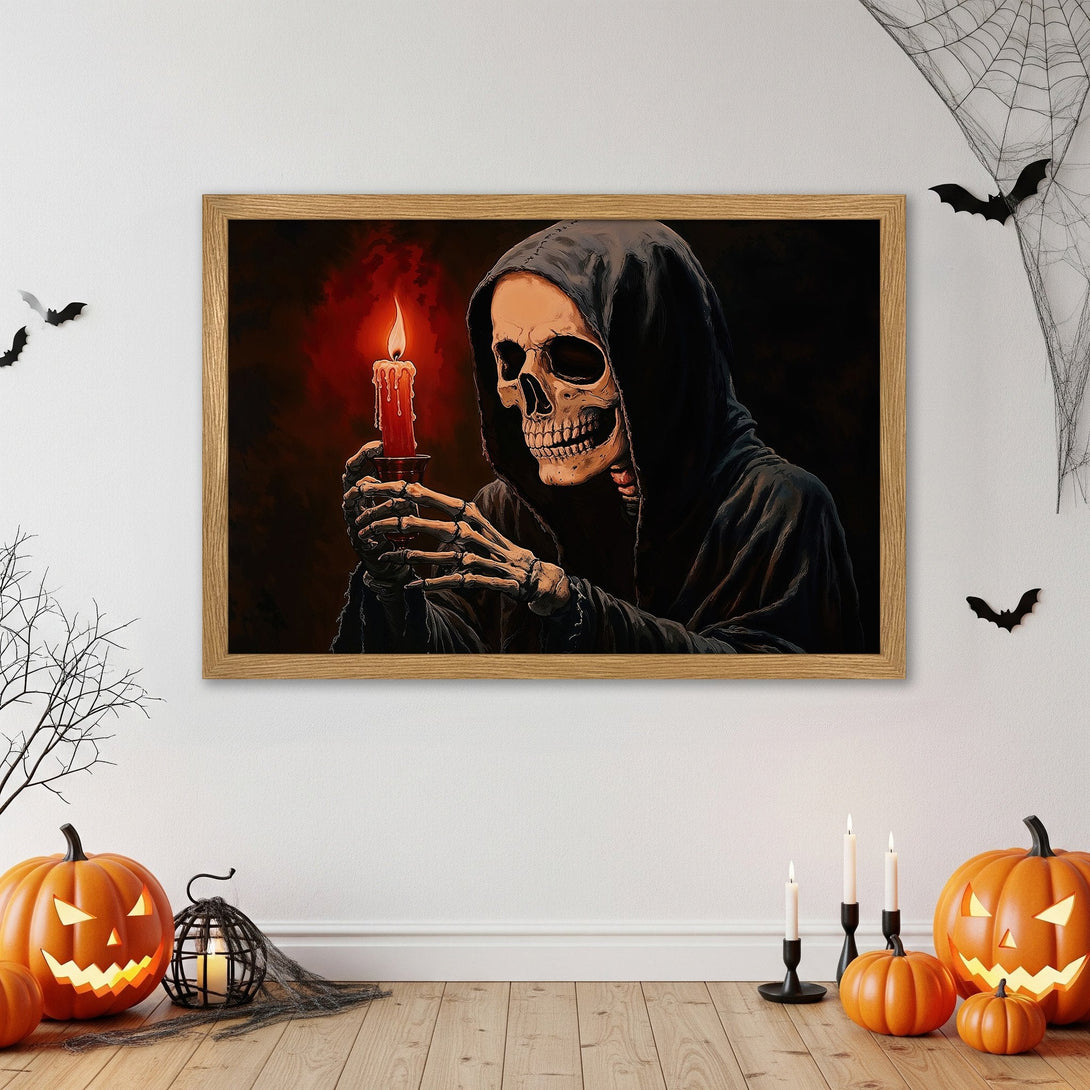Framed Poster: Grim Reaper holding candle, dark art style, red & black palette. Spooky Halloween decor. Get yours today!