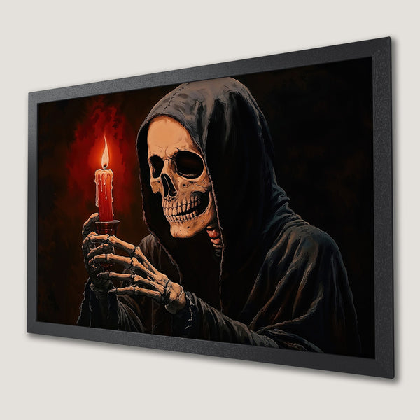 Framed Poster featuring a Grim Reaper holding a candle. Dark, gothic art style with a red and black color palette. Perfect Halloween decor!