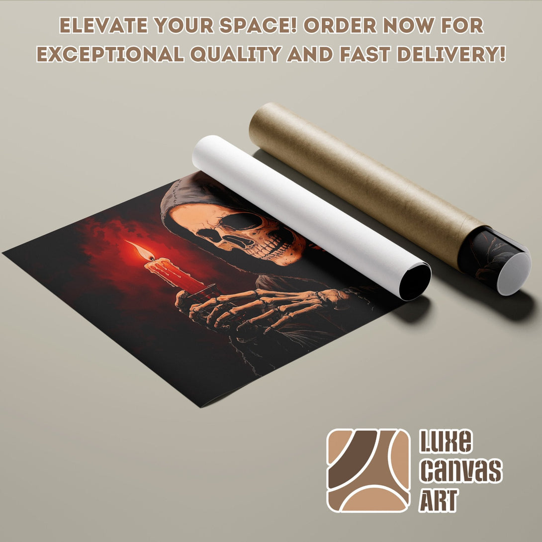 Spooky skull art Poster Roll in dark red & black. Elevate your space with Luxe Canvas Art!