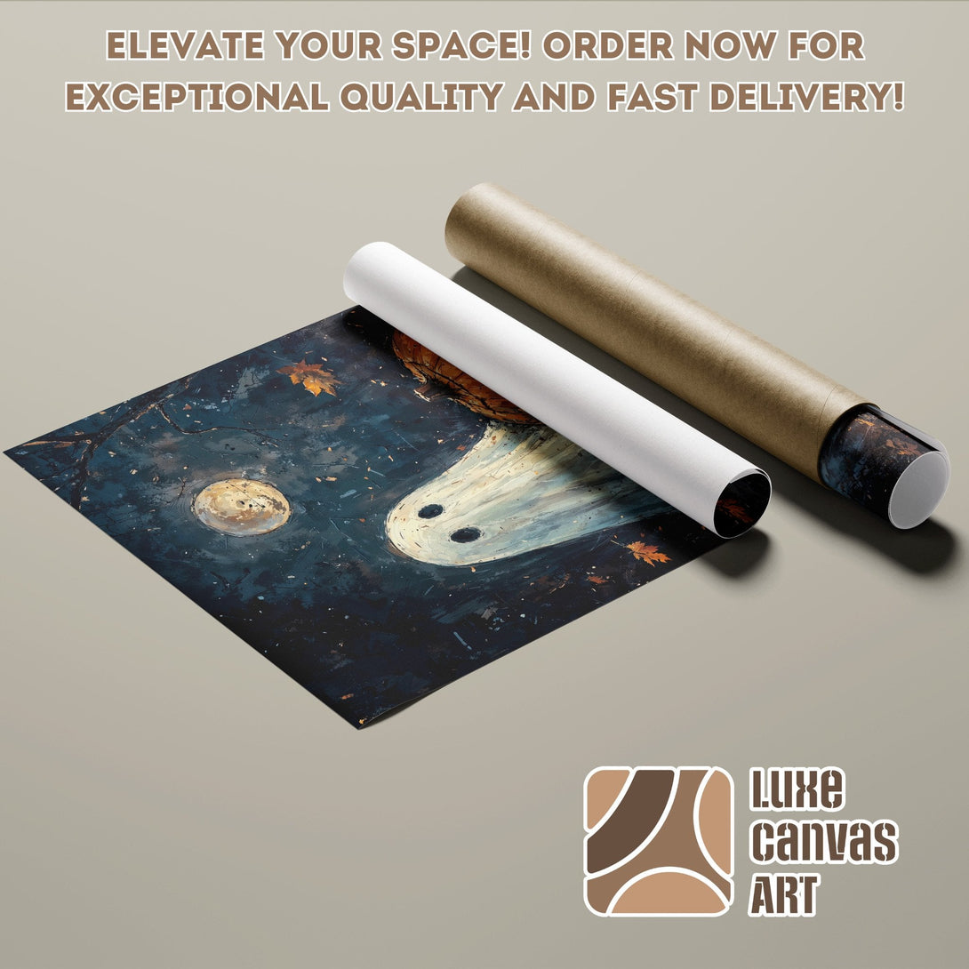 Poster Roll of a spooky ghost painting in a dark blue and gold color palette. Elevate your space!