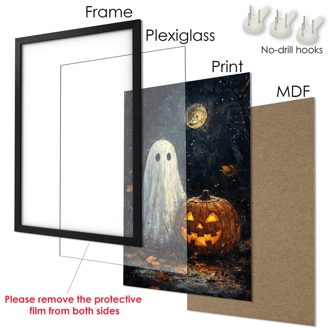 Framed Poster featuring a spooky ghost and jack-o'-lantern in a dark, moody style with a warm, autumnal color palette. Perfect Halloween decor!