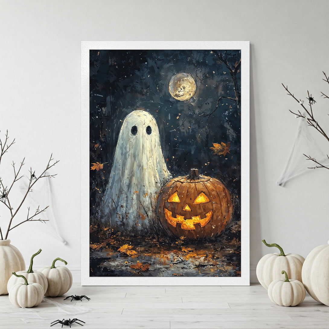 Framed Poster featuring a spooky ghost & jack-o'-lantern. Dark, painterly style with a moody color palette perfect for Halloween decor.