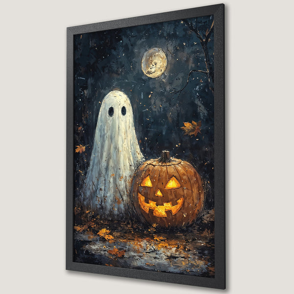 Framed Poster featuring a spooky ghost & jack-o'-lantern against a dark, moody backdrop with a warm color palette. Perfect Halloween decor!