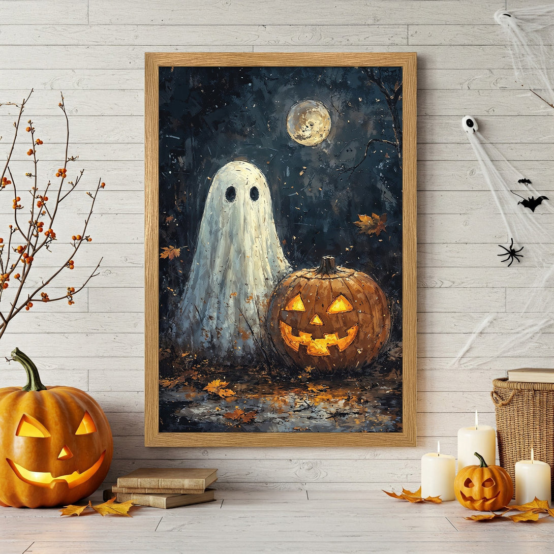 Framed Poster featuring a spooky ghost & pumpkin, dark & moody style with orange & black color palette. Perfect Halloween decor!