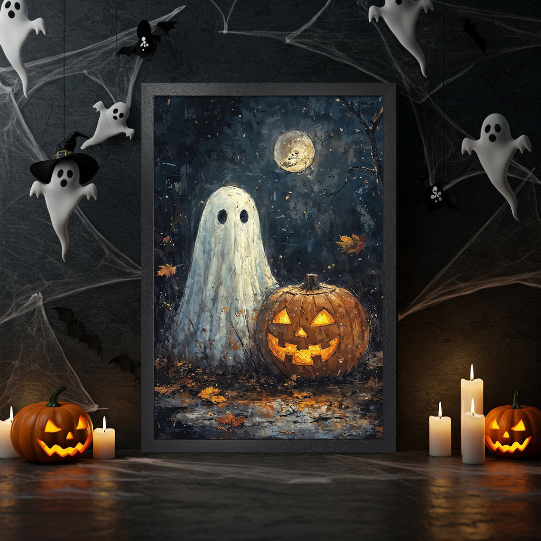 Framed Poster featuring a spooky ghost and pumpkin illustration, dark color palette, perfect for Halloween decor.