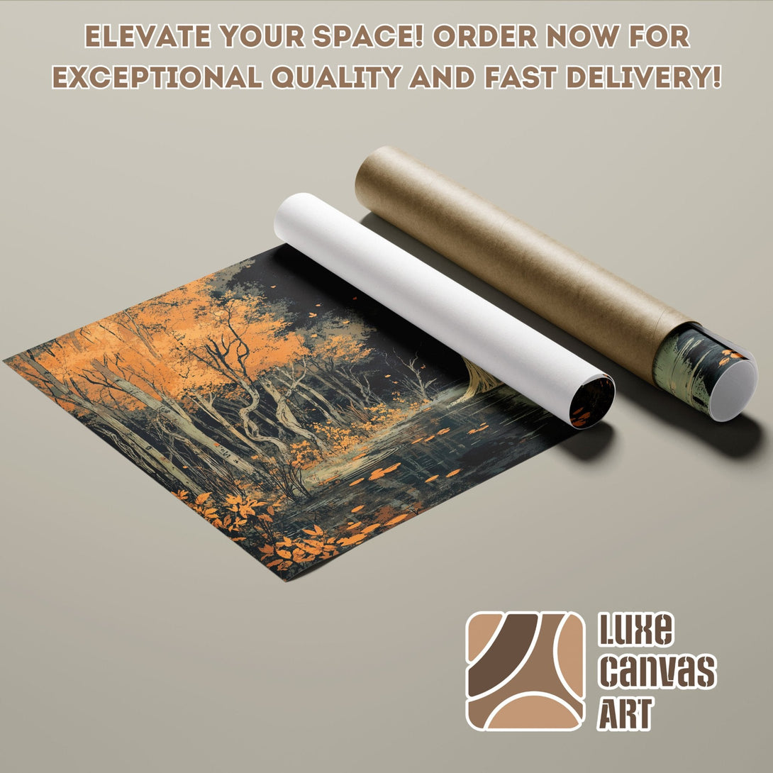 Poster Roll featuring an autumn forest landscape, with orange and dark green tones.