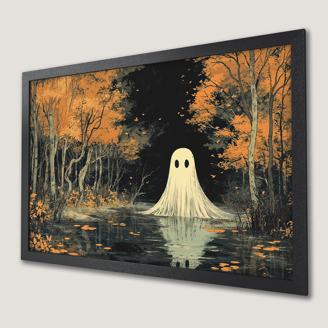 Framed Poster featuring a spooky ghost in a forest with an autumn color palette. Perfect Halloween decor!