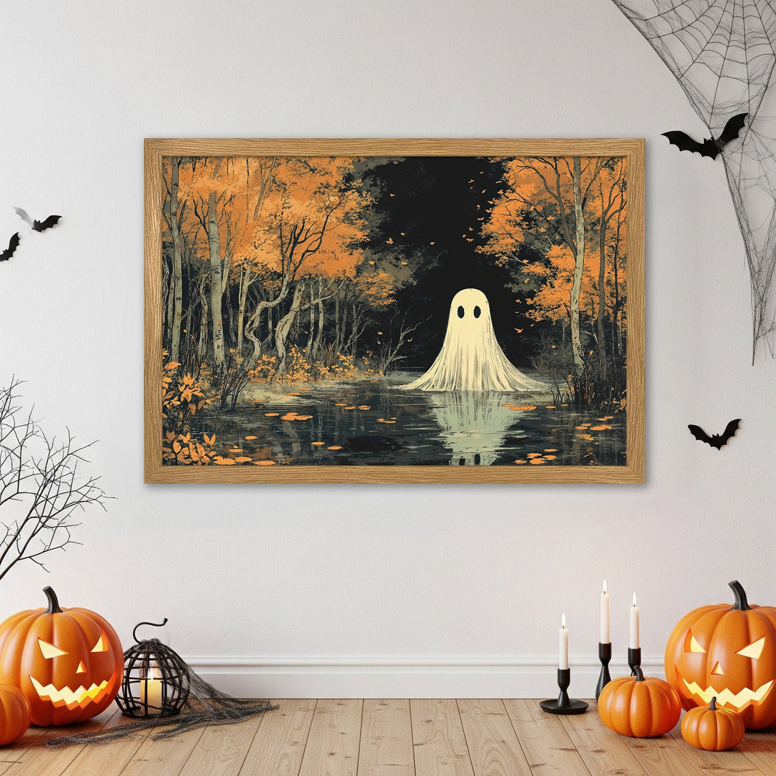 Framed Poster featuring a spooky ghost in a forest, with an autumn color palette. Perfect Halloween decor!