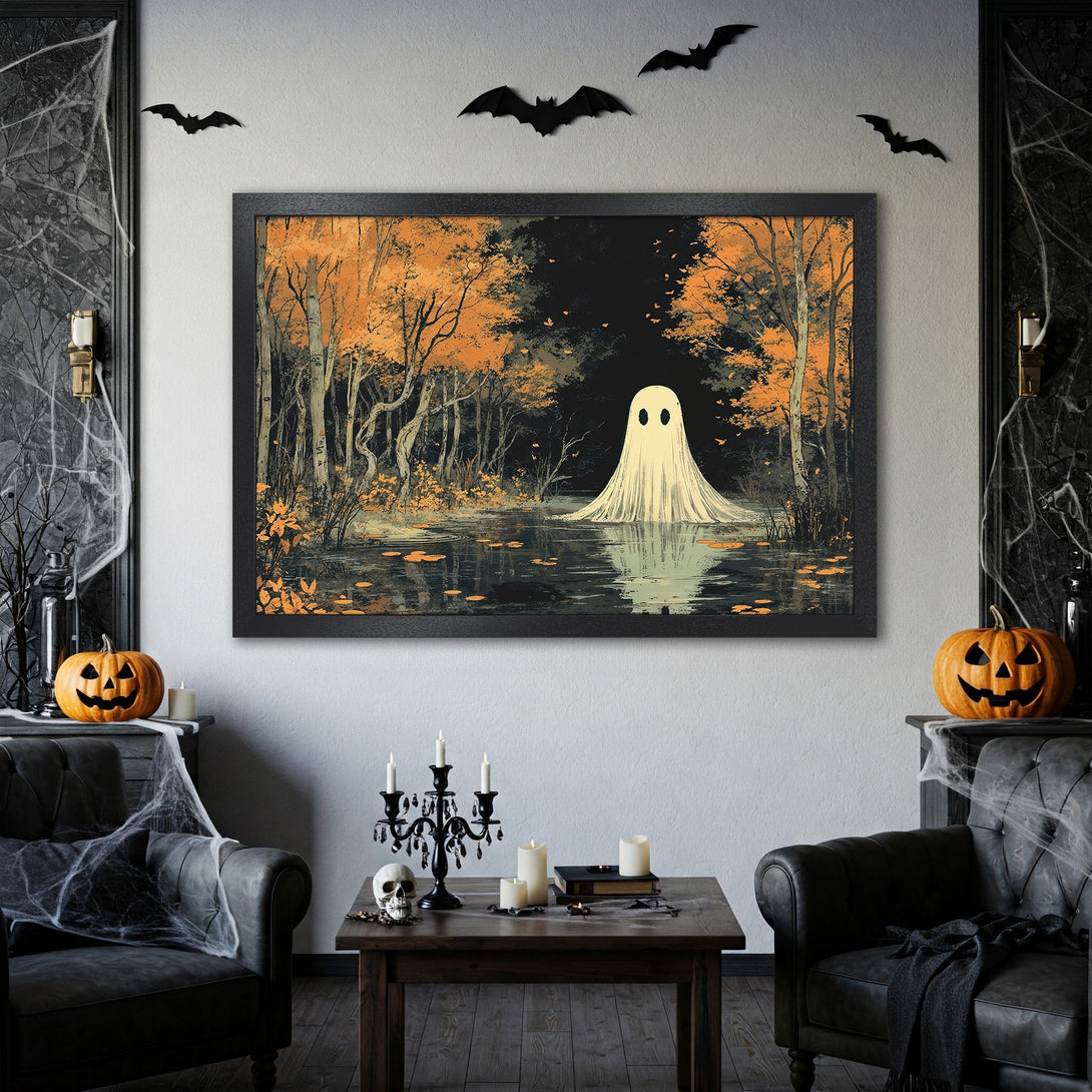 Framed Poster featuring a spooky ghost in a forest scene. Autumnal style with orange and black color palette. Perfect Halloween decor!