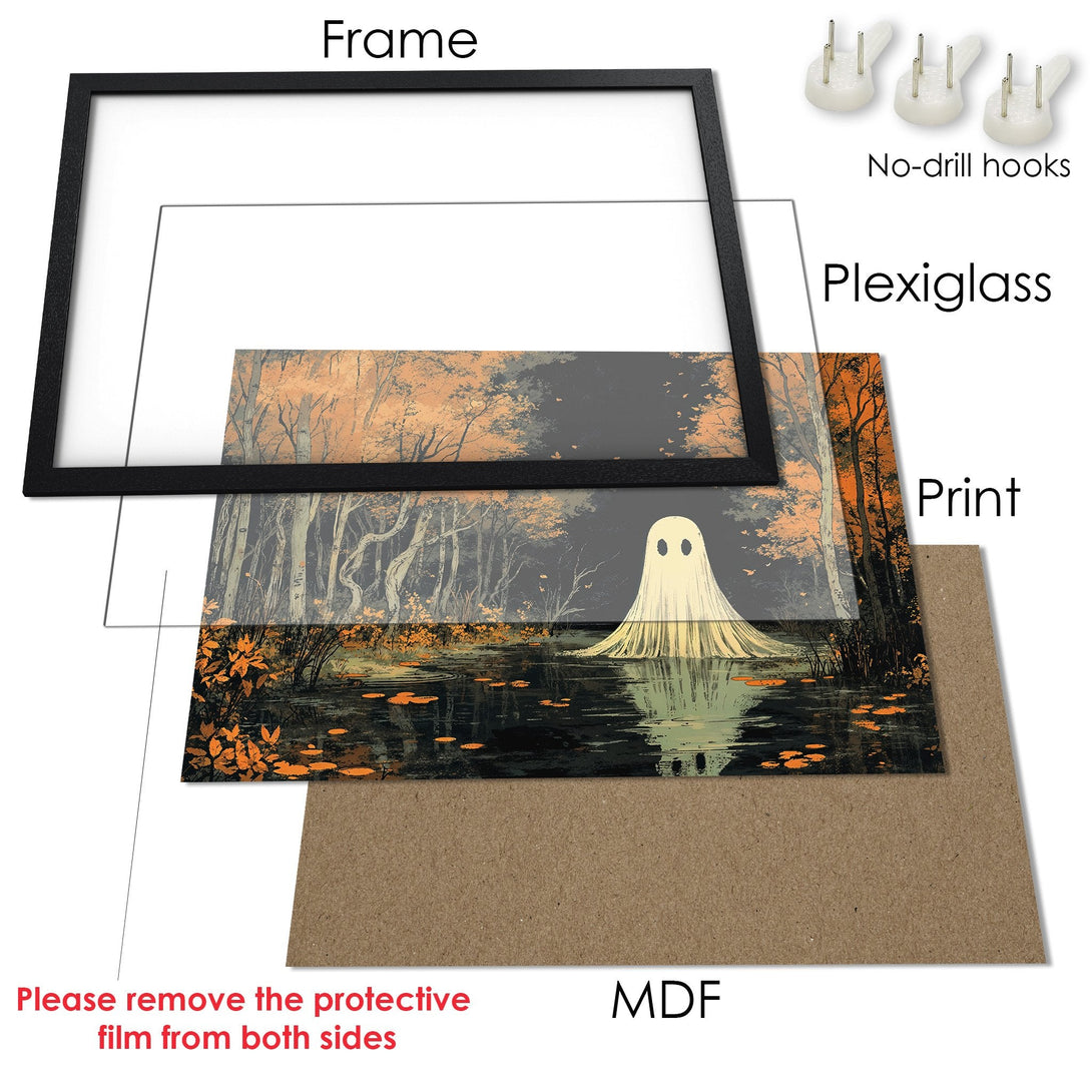 Framed Poster featuring a spooky ghost in a forest scene. Artistic style with a dark, autumnal color palette. Perfect Halloween decor!