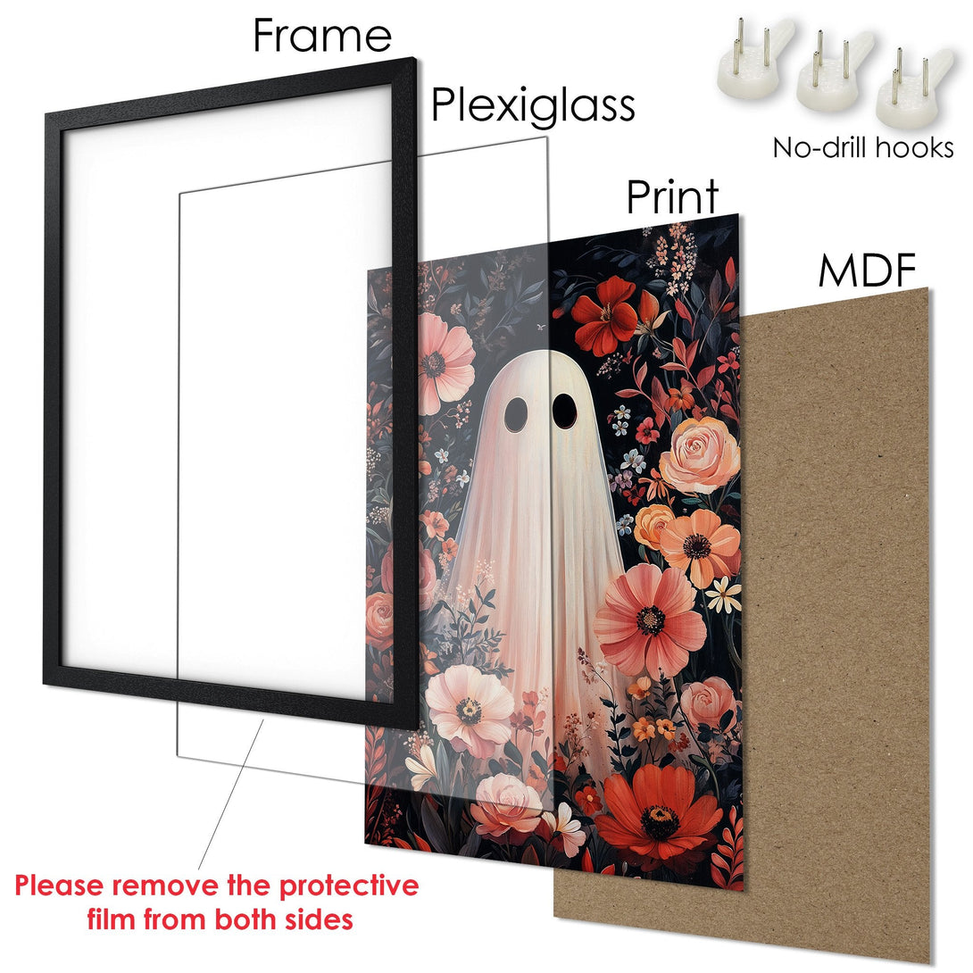 Framed Poster featuring a ghost in a floral design. Dark background with peach and orange flowers. Ready to hang!