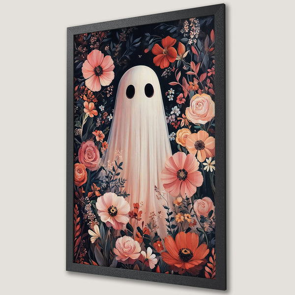 Framed Poster featuring a whimsical ghost surrounded by flowers. Artistic style with a dark, moody background and a warm, floral color palette.