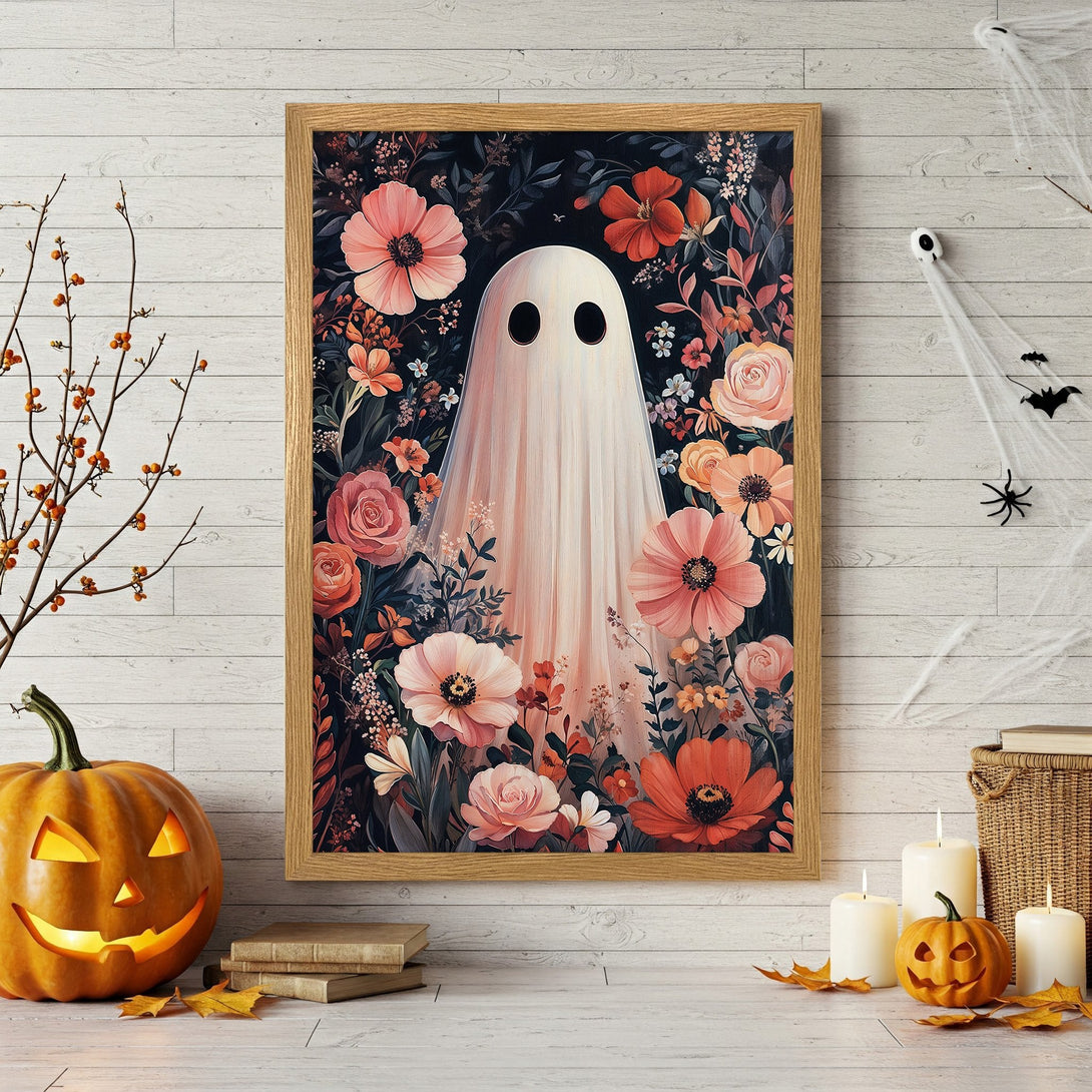 Framed Poster featuring a floral ghost design in a vintage style with a warm, autumnal color palette. Perfect Halloween decor!