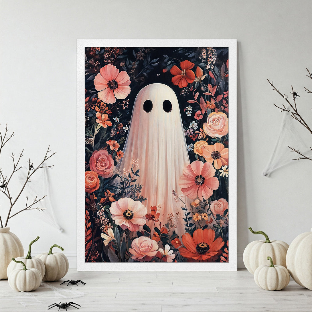 Framed Poster featuring a whimsical ghost surrounded by flowers, with a dark, moody color palette. Perfect Halloween decor!