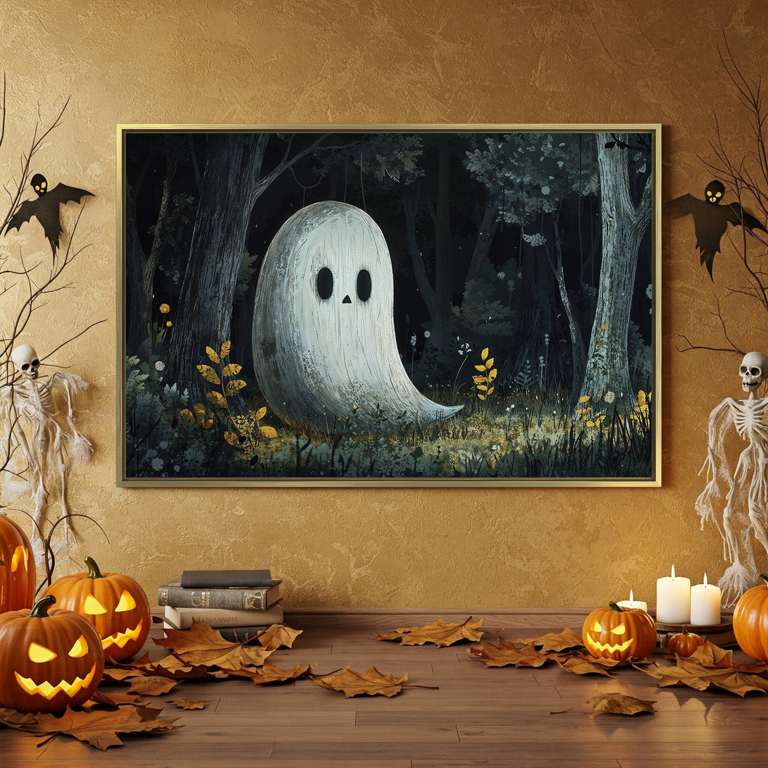 Canvas Print featuring a whimsical ghost in a spooky forest scene. Halloween decor with orange, black, and green color palette. Perfect framed wall art for fall!
