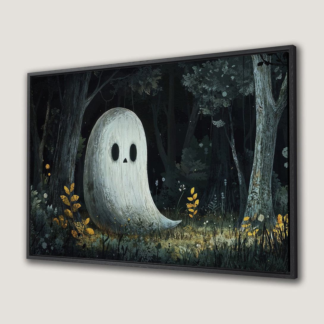 Framed Wall Art featuring a whimsical ghost in a dark forest. Illustrative style with a muted, earthy color palette. Perfect for Halloween decor!