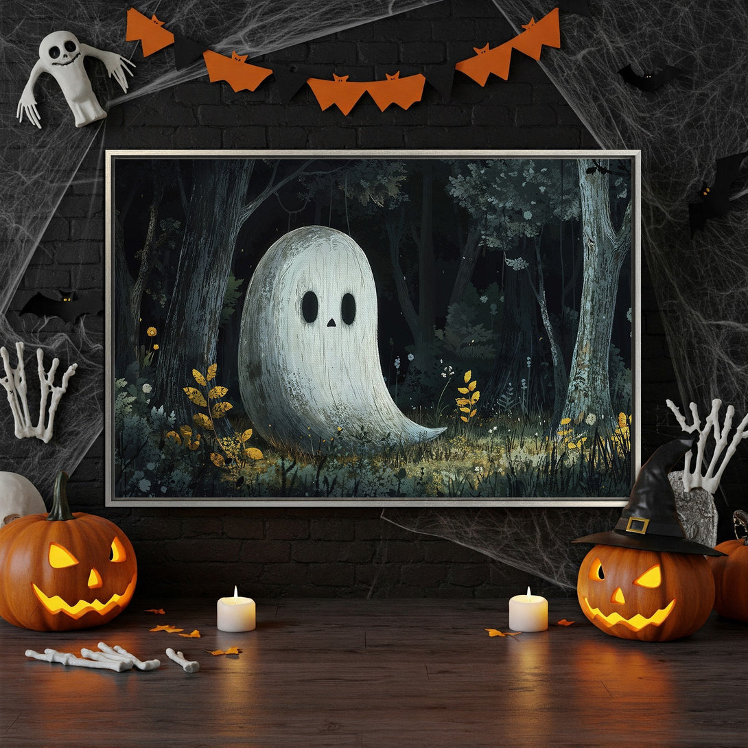 Framed Wall Art: Spooky ghost in a dark forest. Halloween-themed canvas print with a muted, earthy color palette. Perfect for seasonal decor.