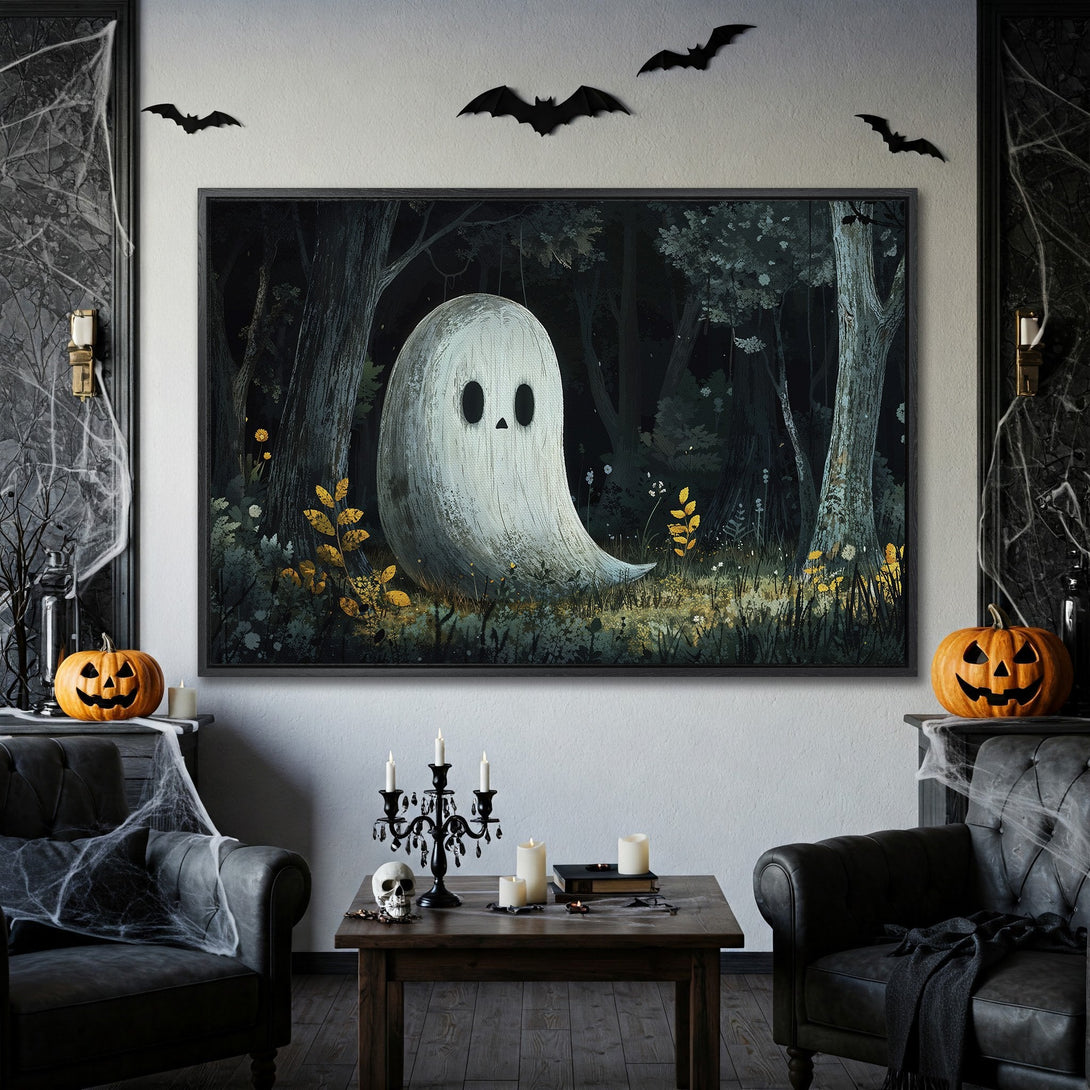 Framed Wall Art: Spooky ghost in a dark forest. Halloween decor with a whimsical illustration in a moody, dark green and gold color palette.