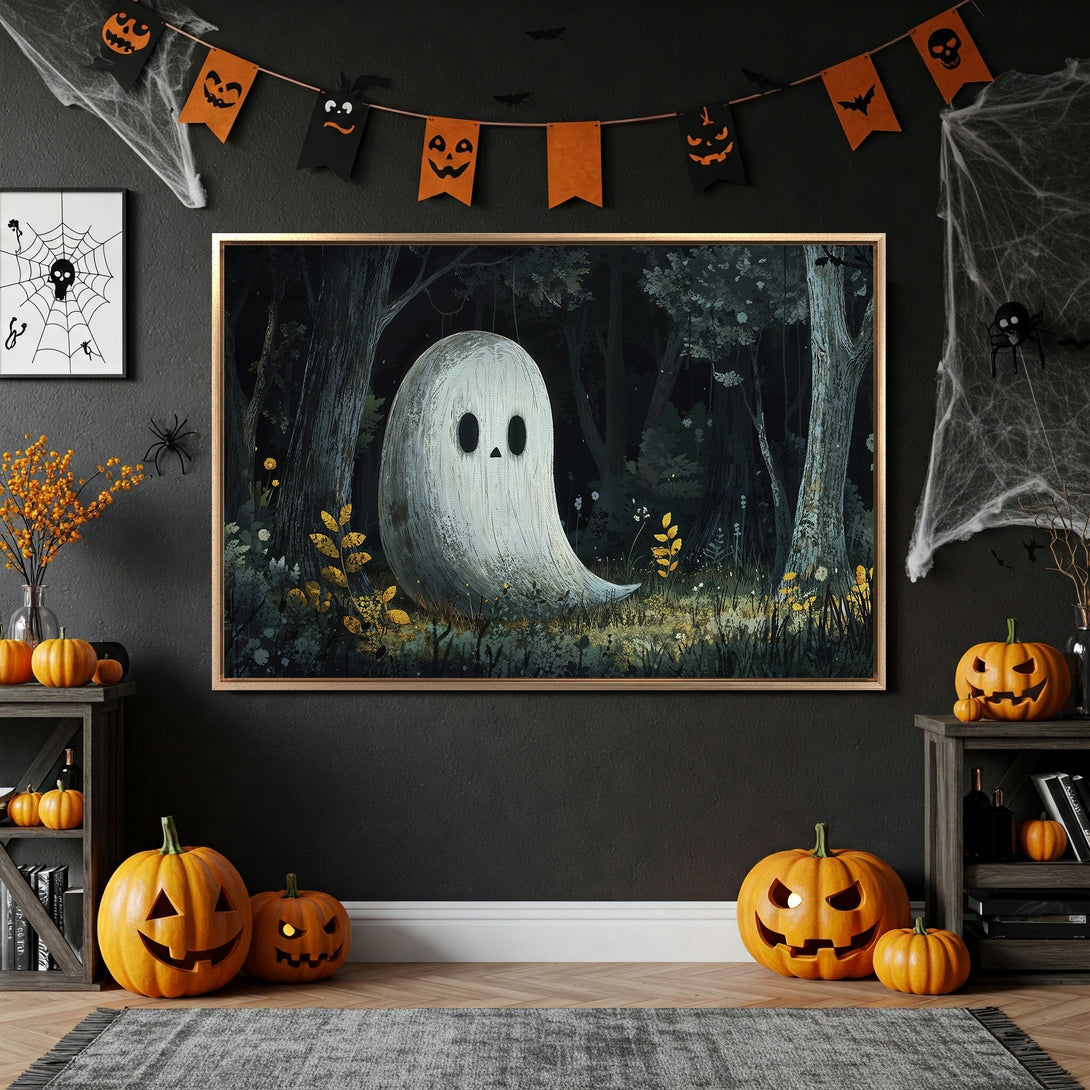 Framed Wall Art: Spooky ghost in a dark forest, perfect for Halloween decor. Featuring a moody, dark color palette with gold accents.