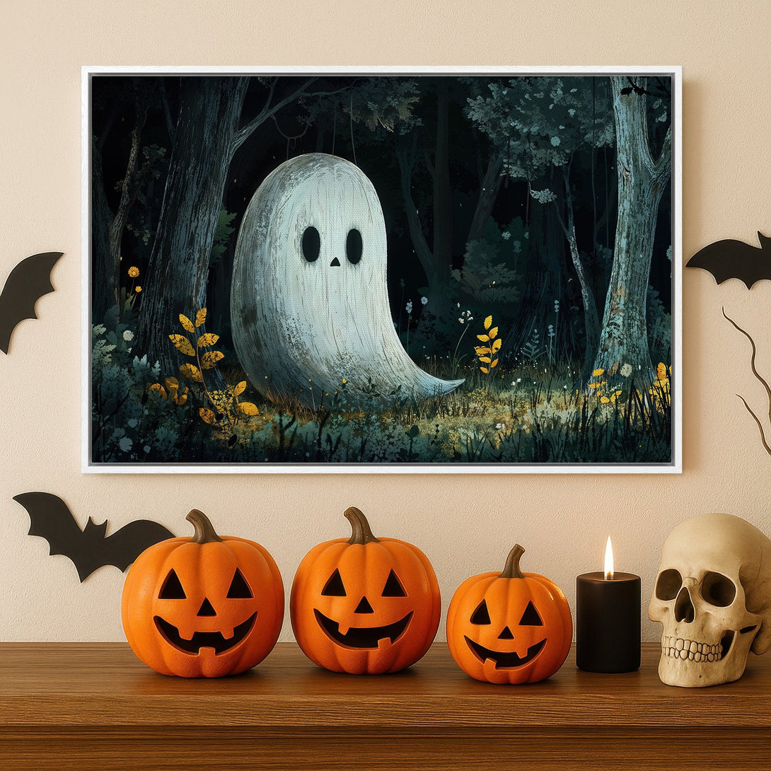 Framed Wall Art: Spooky ghost in a dark forest, perfect for Halloween decor. Features a moody, dark green and yellow color palette. Add a touch of eerie charm!