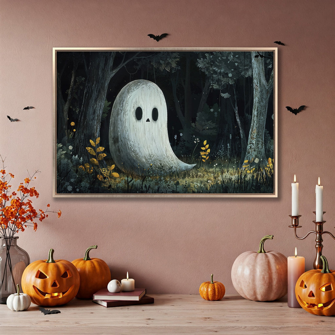Framed Wall Art: Spooky ghost in a dark forest. Halloween-themed decor with a muted color palette. Perfect for adding a touch of whimsy.
