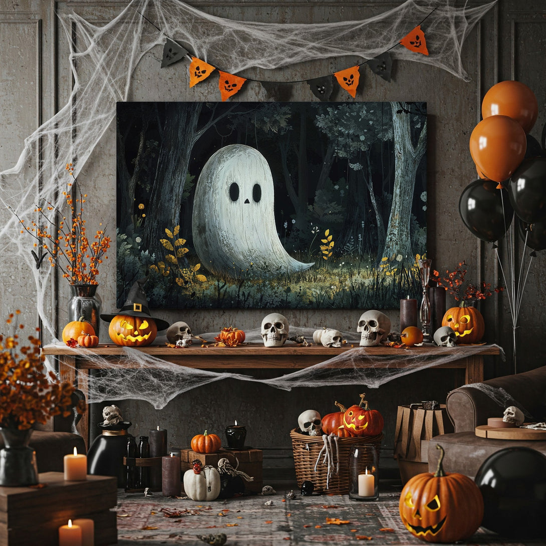 Framed Wall Art: Whimsical ghost in a dark forest. Halloween-themed canvas print with a moody, dark color palette, perfect for seasonal decor.