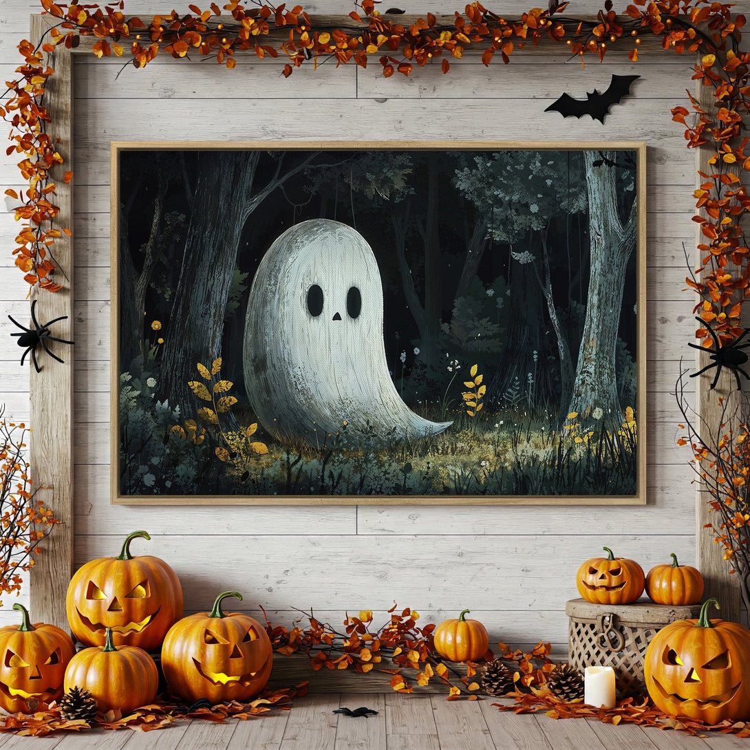 Framed Wall Art: Spooky ghost in a forest, dark green & gold color palette. Perfect Halloween decor, canvas print for a cozy & festive home.