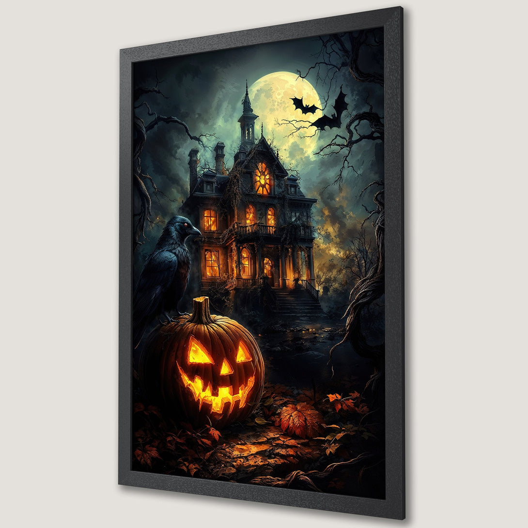 Framed Poster: Spooky Halloween art featuring a haunted house, pumpkin, and raven. Dark, atmospheric style with orange, black, and gray tones. Perfect for fall decor.