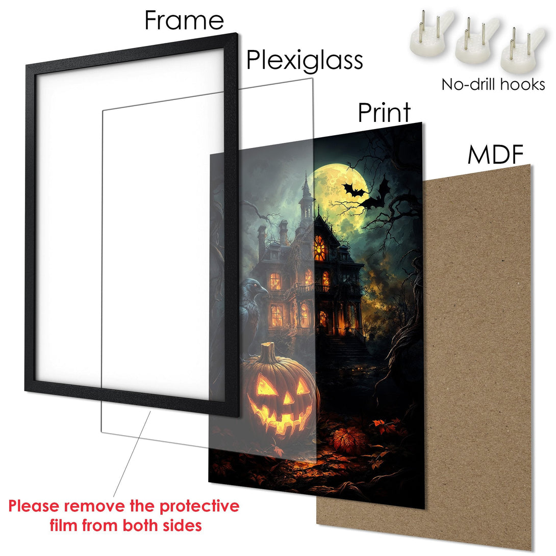 Framed Poster featuring a spooky haunted house scene. Dark, moody style with orange and teal color palette. Perfect Halloween decor!