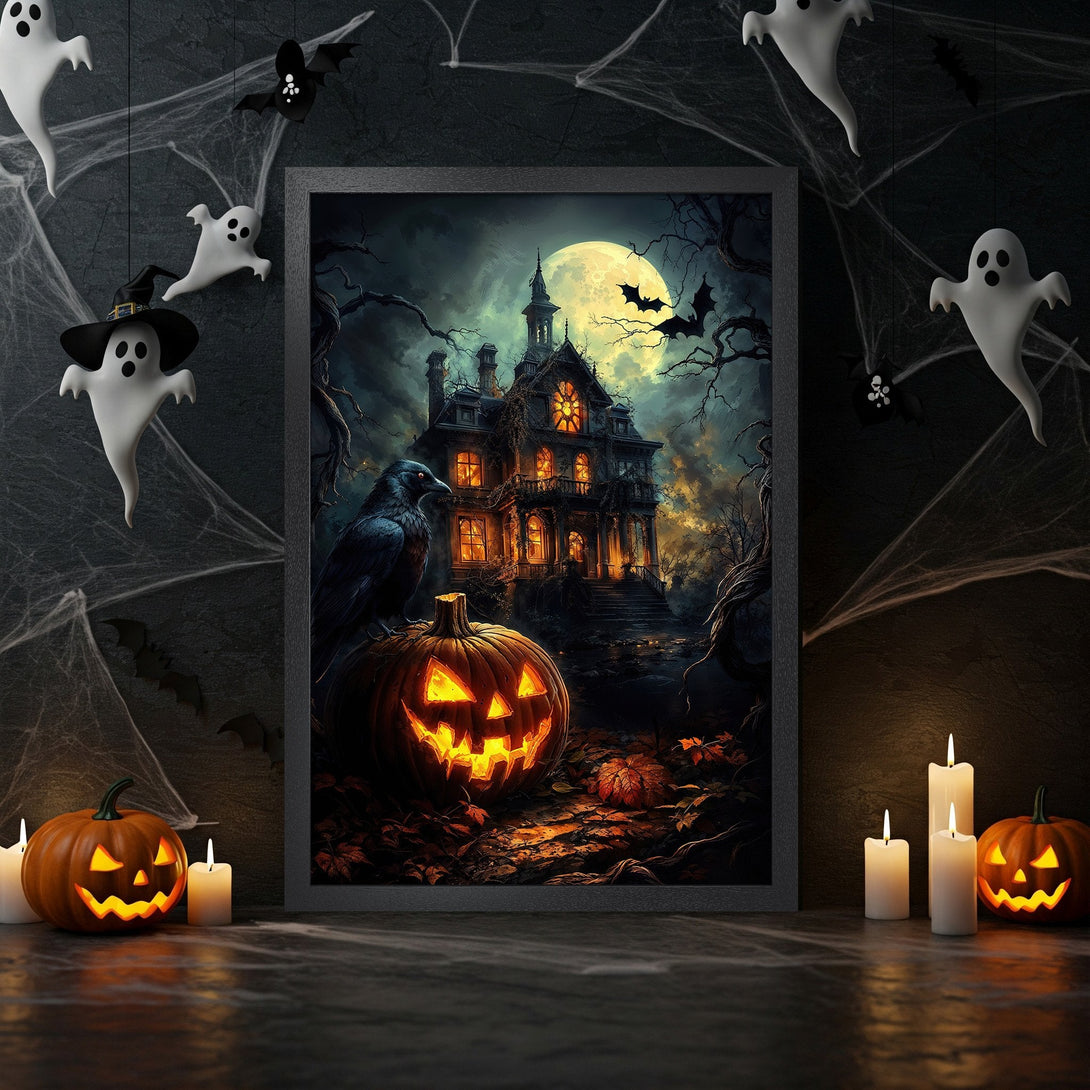 Framed Poster featuring a spooky Halloween scene with a haunted house, pumpkins, and ghosts. Dark, moody style with orange and black color palette.