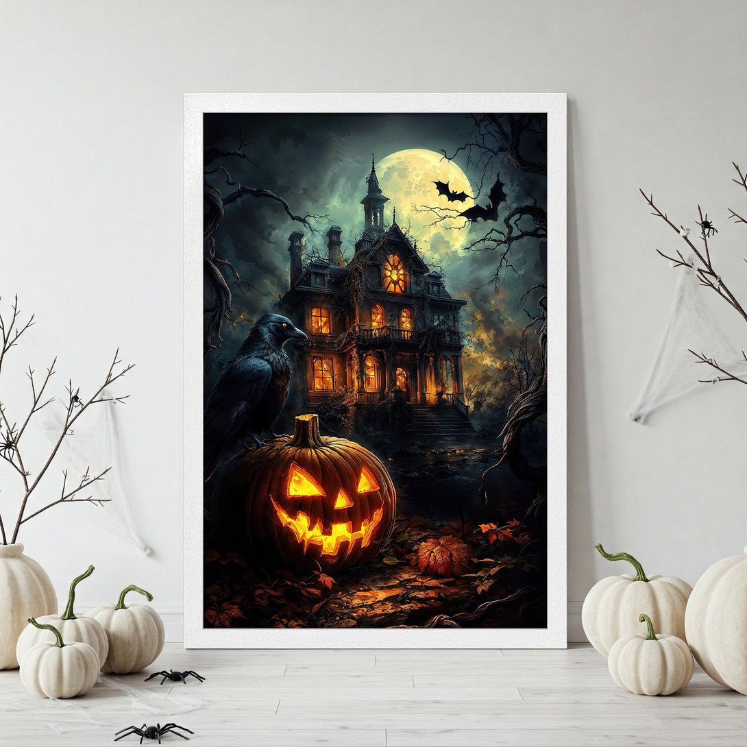 Framed Poster: Spooky Halloween artwork with haunted house, jack-o'-lantern, and raven. Dark, moody style with a warm, autumnal color palette. Perfect for Halloween decor!