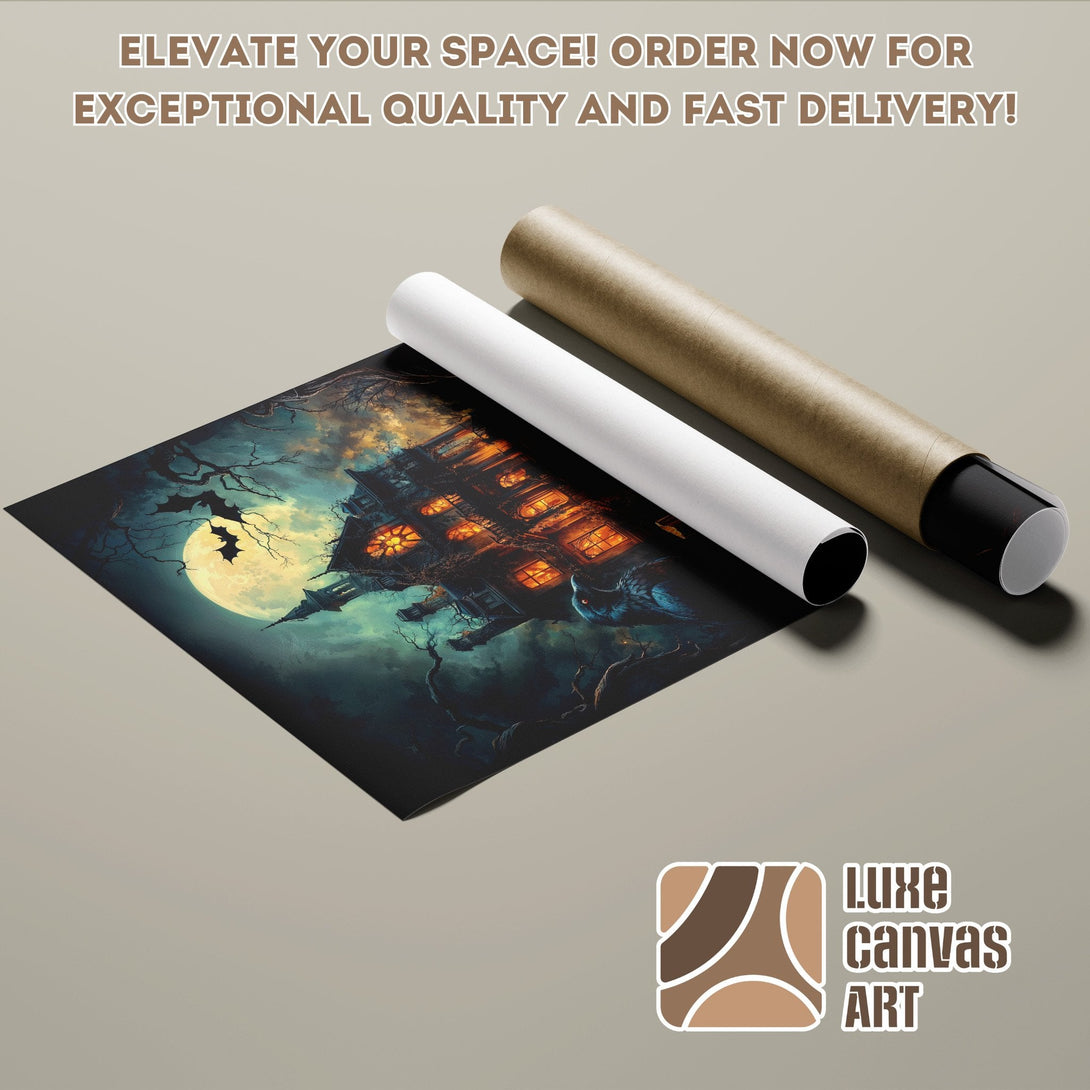 Haunted house poster roll art print in teal and orange, perfect for Halloween decor.